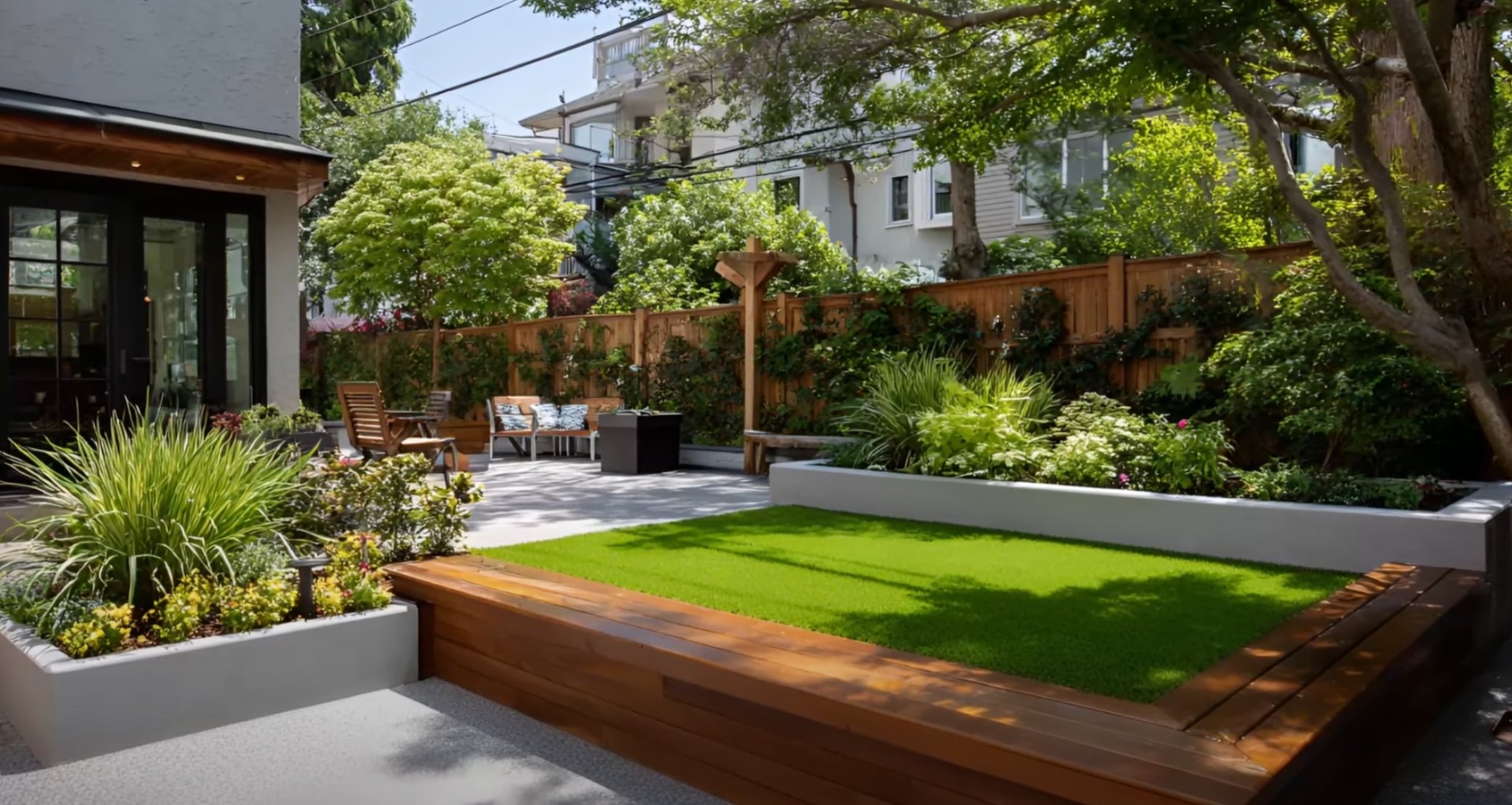 Modern landscape design with clean lines, raised planters, and integrated outdoor living space